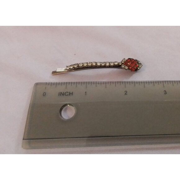 Vintage Rhinestone Hair Bobby Pin Clip With Red & Clear Stones Elegant Design - Picture 2 of 3